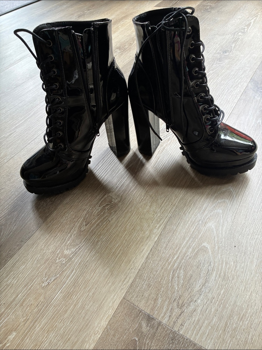 Charlotte Russe Black Patent Lace-Up Ankle high heel Boots